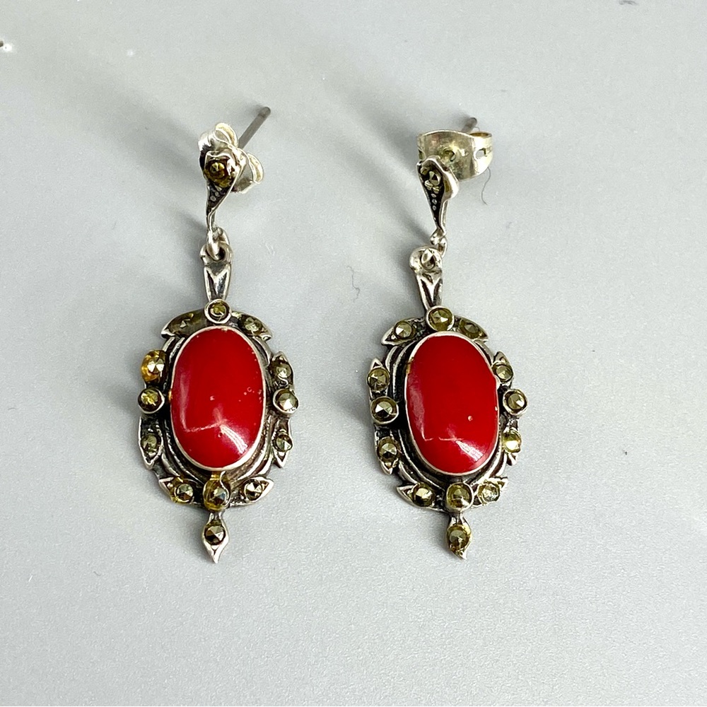 Vintage Sterling Silver Coral Red Cabochon & Marcasite Stones Earrings 1980s - Picture 12 of 16